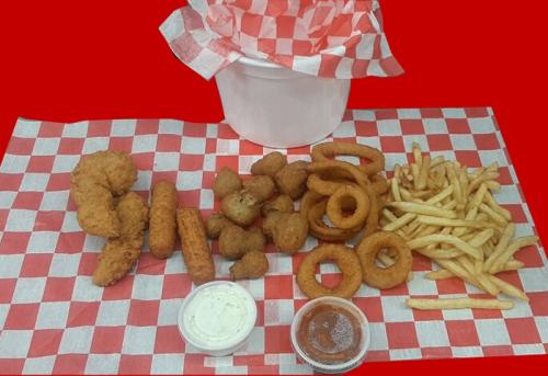 Sampler Bucket $14( fries, onion rings,  cheese sticks, chicken tenders, fried mushrooms,  2 dipping sauces)